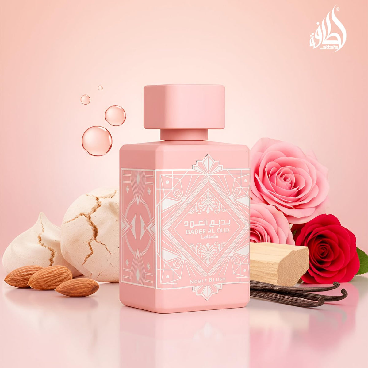 Hub Wavy Lattafa Bade'e Al Oud Noble Blush perfume bottle, 3.4 oz unisex fragrance with elegant packaging, front view image