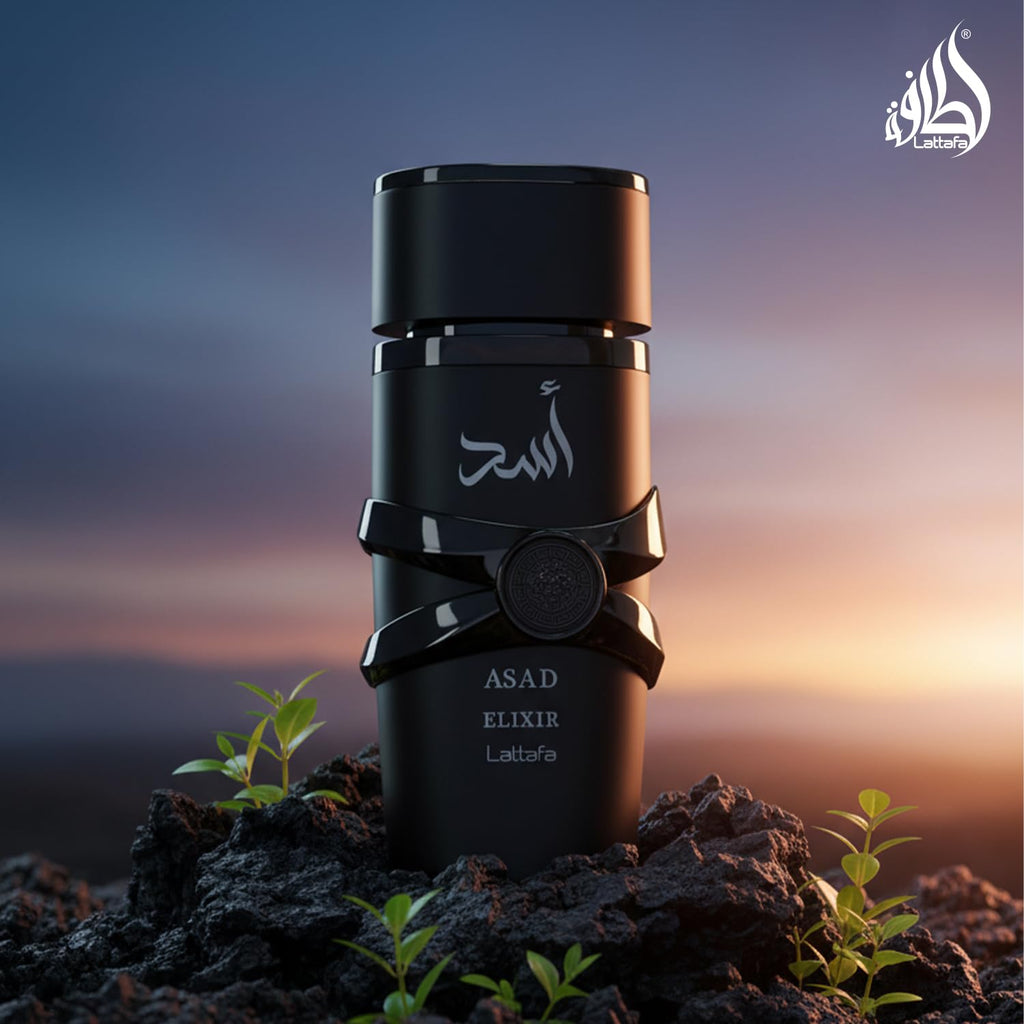 Hub Wavy Lattafa ASAD Elixir perfume bottle, 100ml, luxurious long-lasting unisex fragrance with elegant packaging.