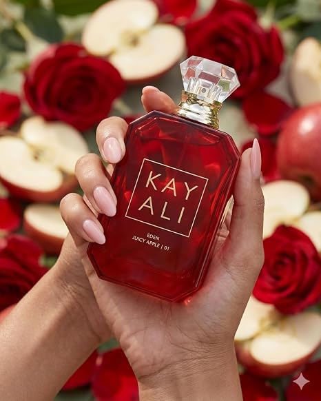 Hub Wavy Kayali Eden Juicy Apple perfume bottle for women, 3.4 oz, featuring a sleek design and fruity apple scent.