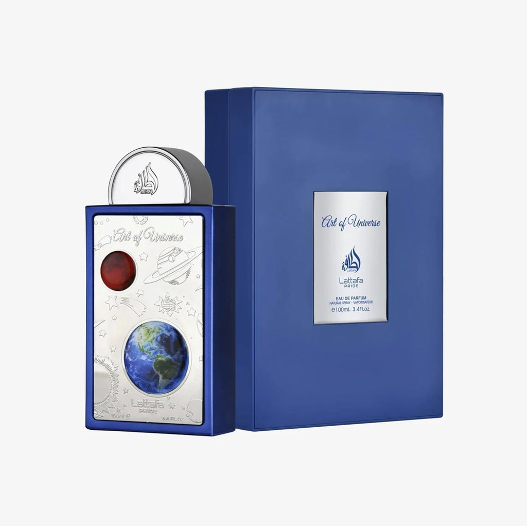 Hub Wavy Lattafa Pride Art of Universe perfume bottle, unisex luxury fragrance with sleek design, 3.4 oz (100 ml).