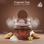 Hub Wavy Lattafa Cookie Crave perfume bottle, 2.6 oz, unisex scent with cookie aroma, shown in front of a plain background.