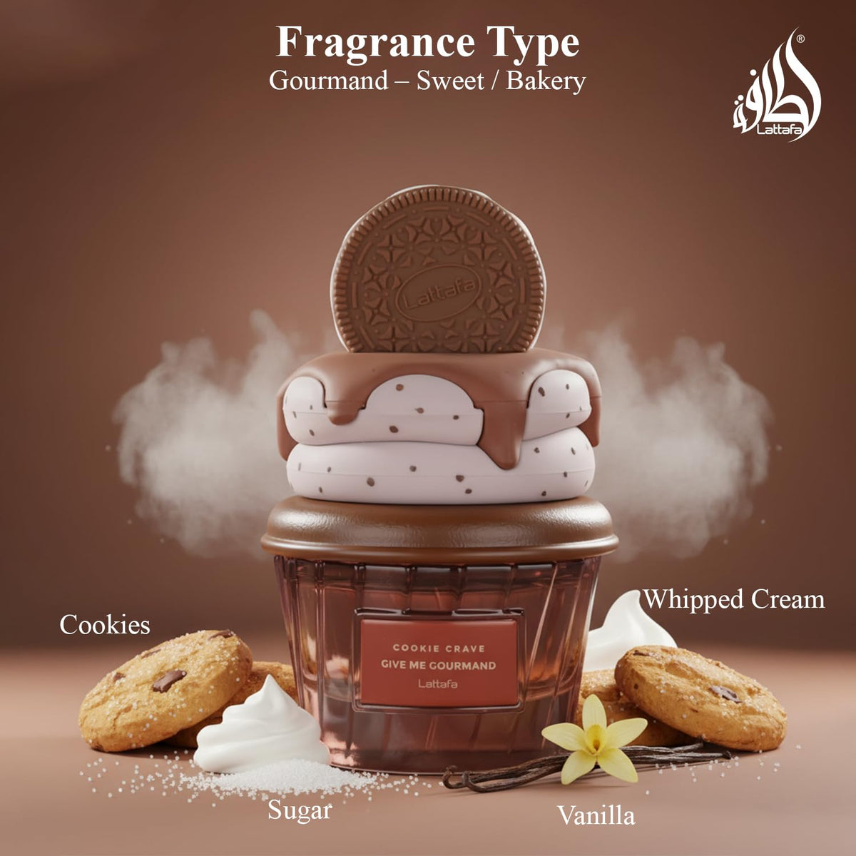Hub Wavy Lattafa Cookie Crave perfume bottle, 2.6 oz, unisex scent with cookie aroma, shown in front of a plain background.