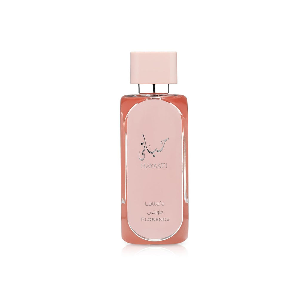 Hub Wavy Lattafa Hayaati Florence perfume bottle, 100ml, luxury women's fragrance with elegant design on a white background