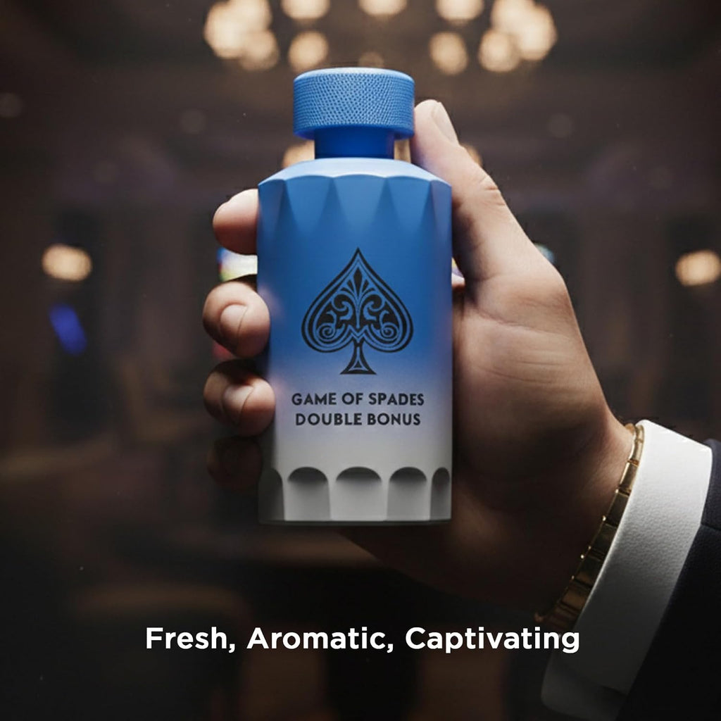 Hub Wavy Jo Milano Game of Spades Double Bonus luxury unisex perfume bottle, 3.4 fl oz, with elegant packaging visible.