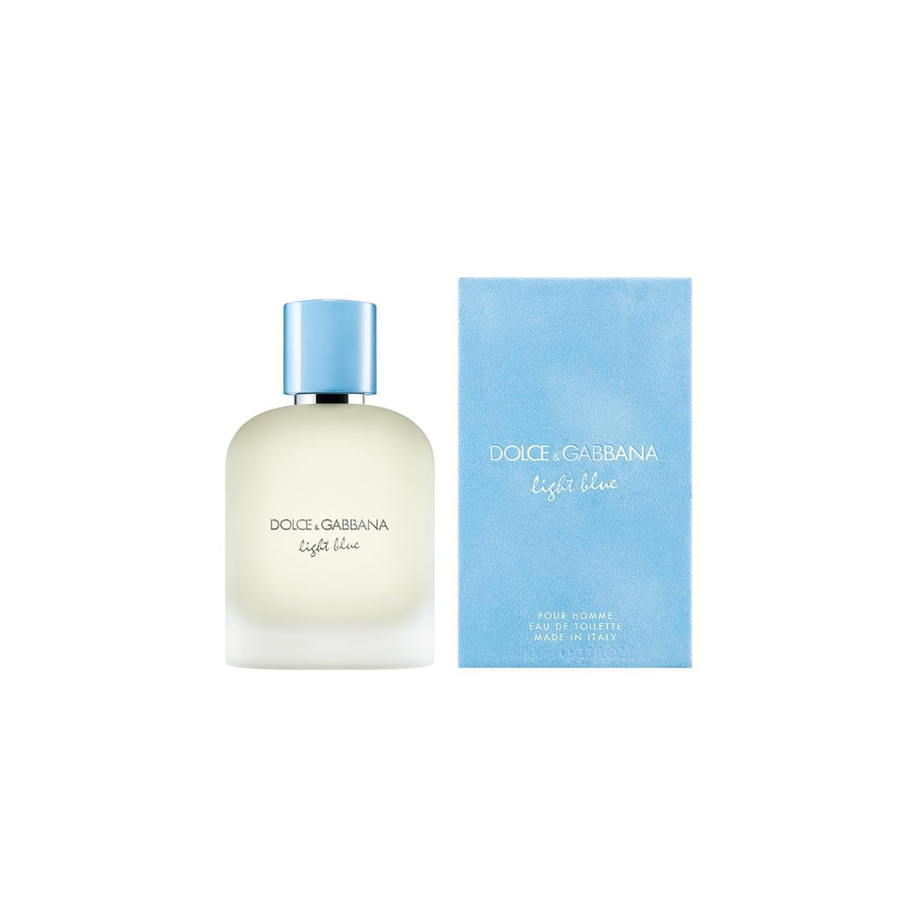 Dolce & Gabbana Light Blue Pour Homme perfume bottle, 3.4 fl oz, luxury men's fragrance by Hub Wavy, featuring a sleek design