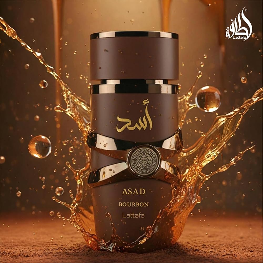 Lattafa Asad Bourbon perfume bottle by Hub Wavy, unisex fragrance with 100ml size, sleek design, and elegant packaging.
