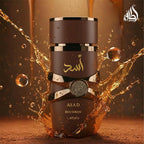 Lattafa Asad Bourbon perfume bottle by Hub Wavy, unisex fragrance with 100ml size, sleek design, and elegant packaging.