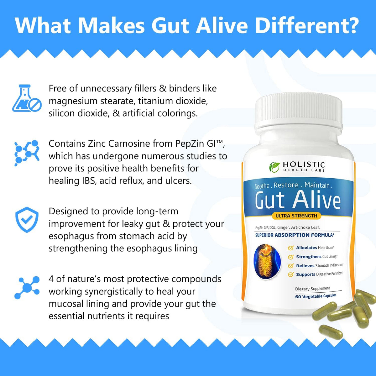 Holistic Health Labs Gut Alive - All Natural Support to Fight IBS, Heartburn, Acid Indigestion, Acid Reflux, Bloating & Gas. Unique Formulation (60 Count (Pack of 2))