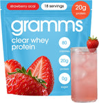 GRAMMS Clear Protein Powder | 20G Whey Isolate | Gluten Sugar Lactose Free | 3rd Party Tested for Purity, Grass Fed European Whey | Strawberry Açaí | 18 Servings