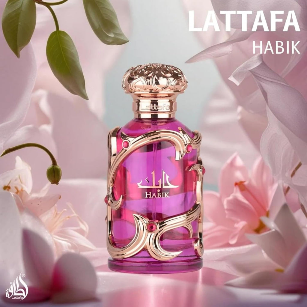 Hub Wavy Lattafa Habik luxury women's perfume bottle, 3.4 oz, with elegant design and floral fragrance.