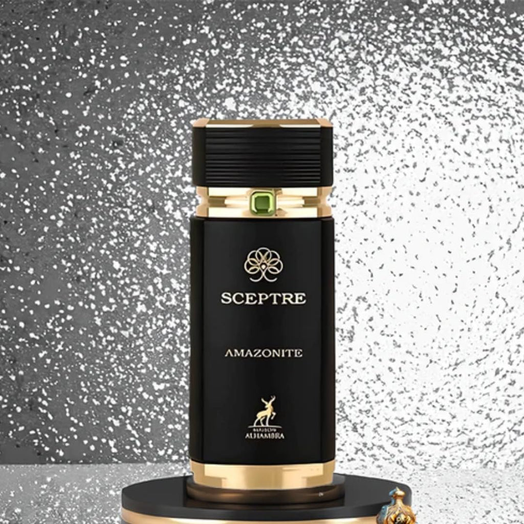 Hub Wavy Maison Alhambra Sceptre Amazonite luxury men's perfume bottle, 3.40 oz, featuring elegant packaging and blue accents.