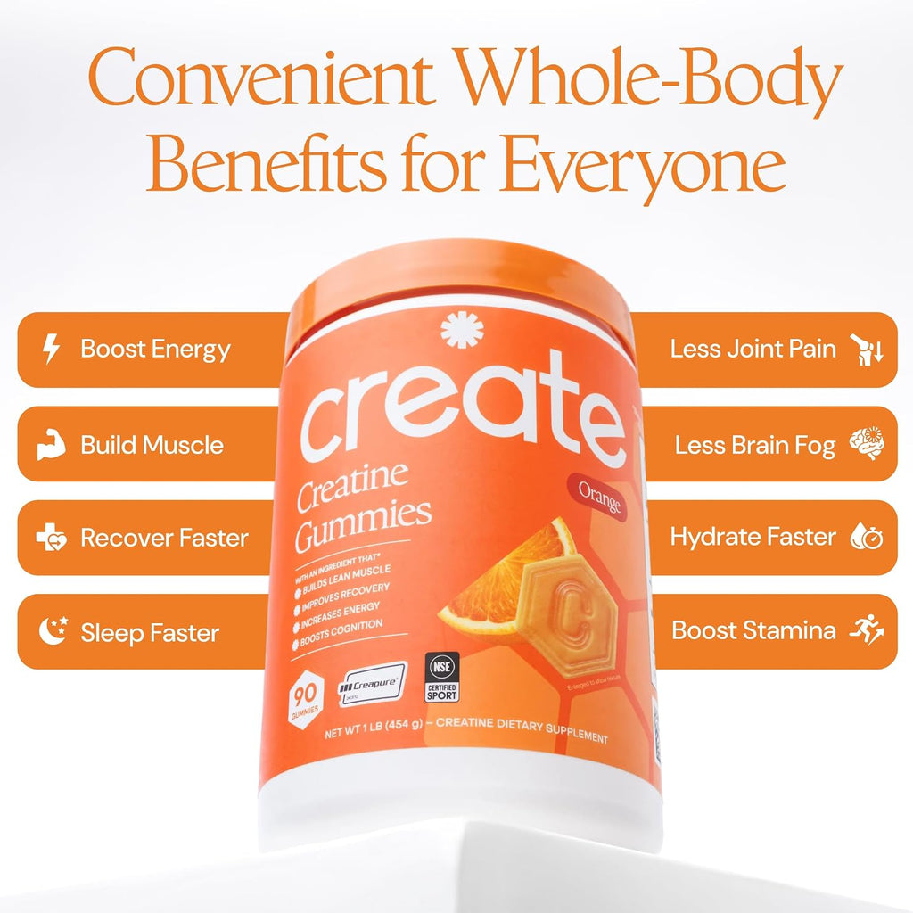 Create Creatine Monohydrate Gummies for Women and Men, Orange, 90ct