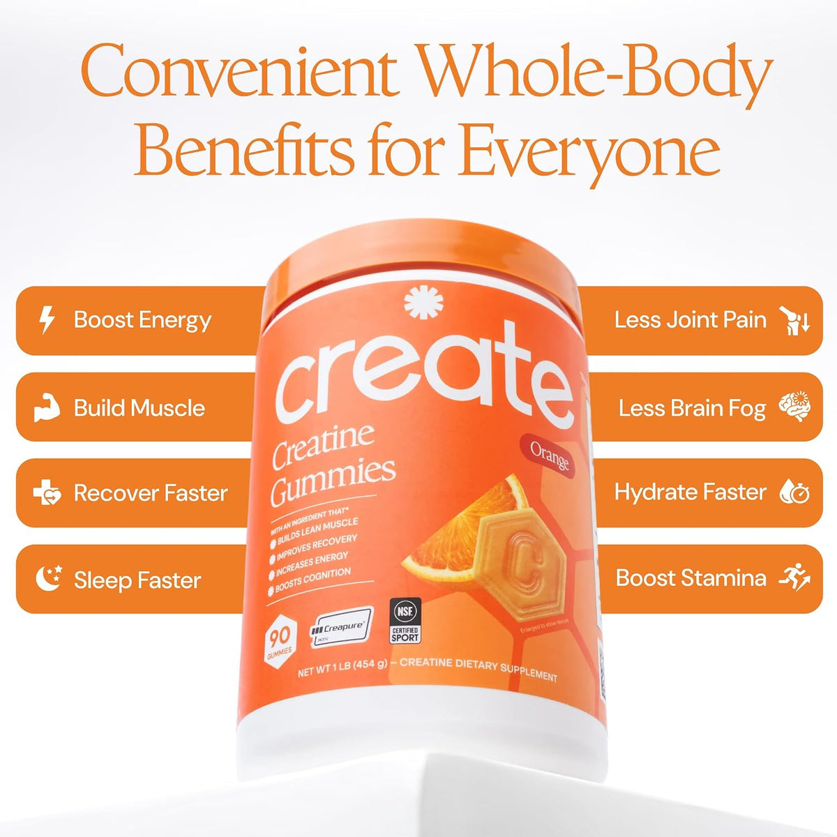 Create Creatine Monohydrate Gummies for Women and Men, Orange, 90ct