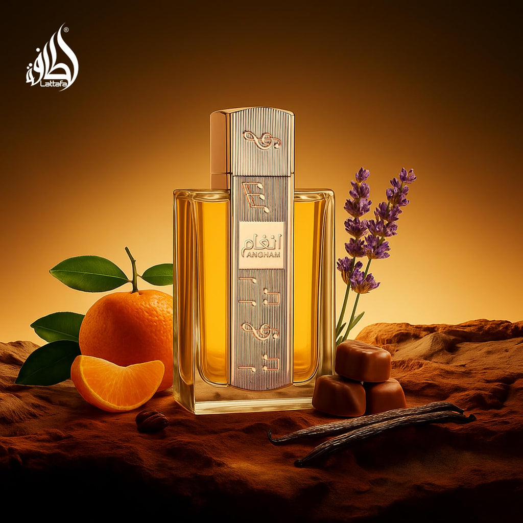 Hub Wavy Lattafa Angham luxury unisex perfume bottle, 3.4 oz, with elegant packaging and a sleek design.
