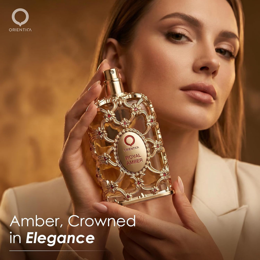 Hub Wavy Orientica Royal Amber perfume bottle, 2.7 oz, unisex fragrance with amber notes, displayed on a plain background