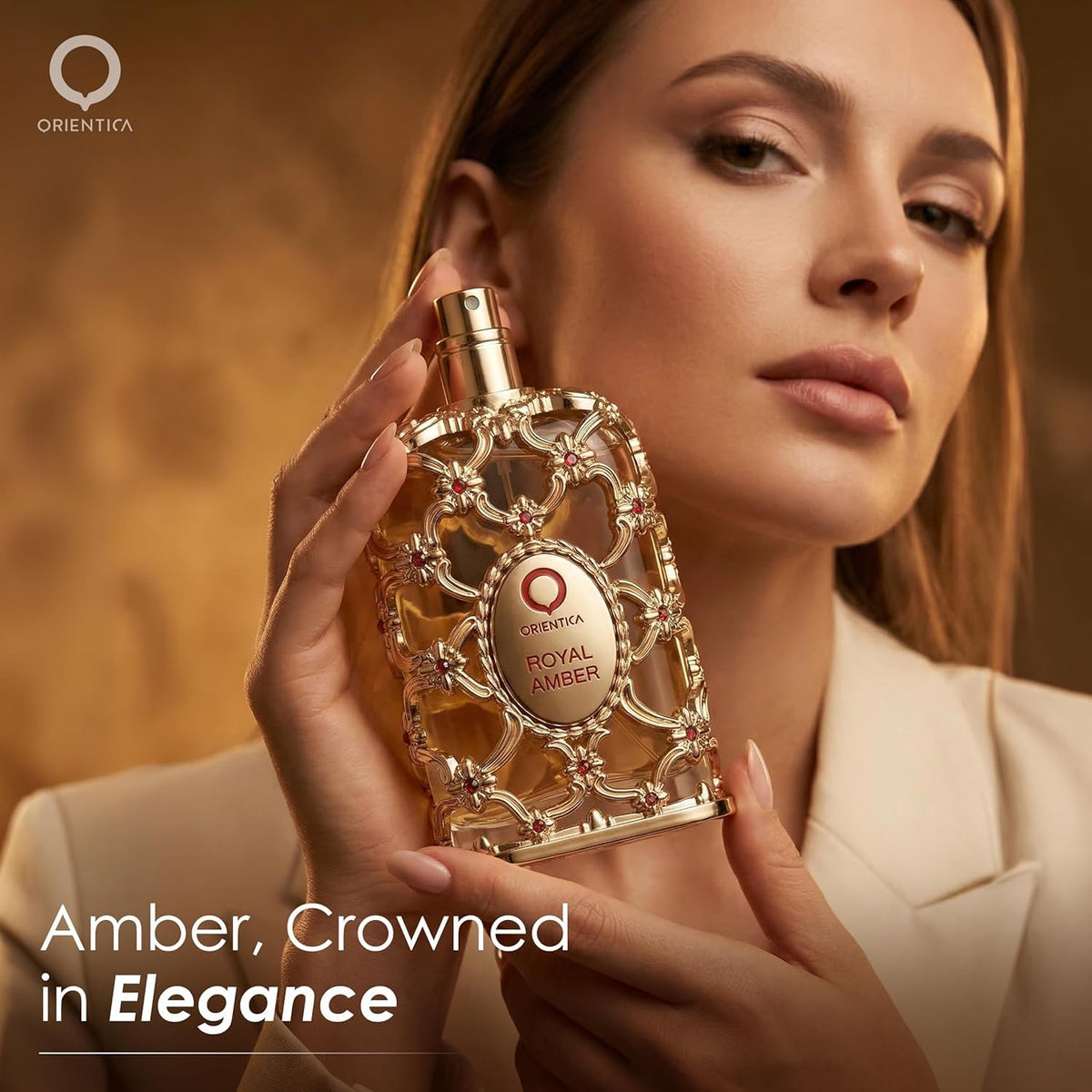 Hub Wavy Orientica Royal Amber perfume bottle, 2.7 oz, unisex fragrance with amber notes, displayed on a plain background