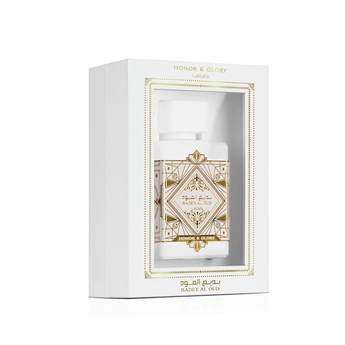Hub Wavy Lattafa Bade'e Al Oud Honer & Glory perfume bottle, luxurious unisex fragrance with elegant design.