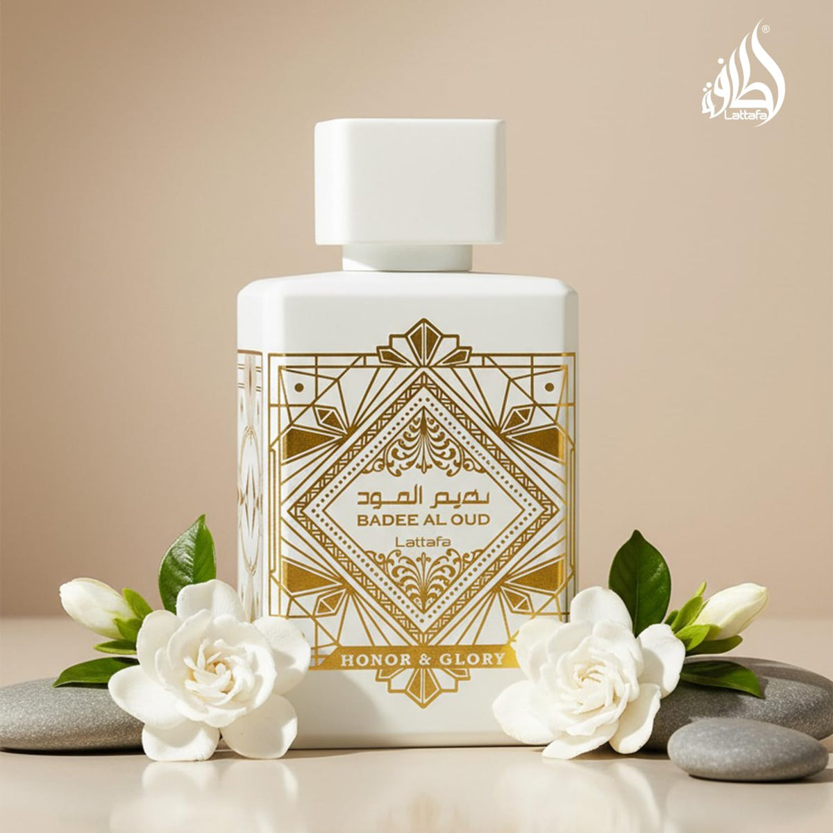 Hub Wavy Lattafa Bade'e Al Oud Honer & Glory perfume bottle, luxurious unisex fragrance with elegant design and gold accents.