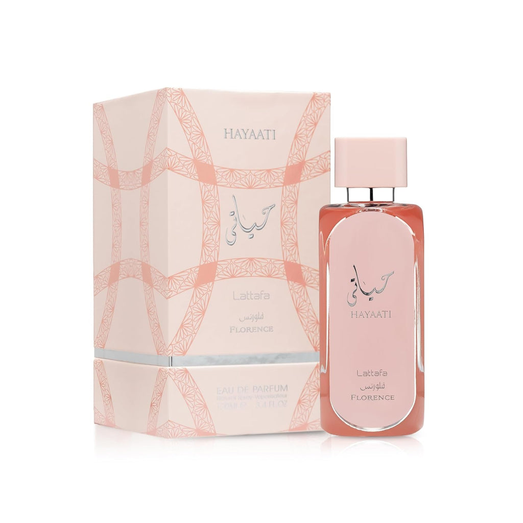 Hub Wavy Lattafa Hayaati Florence perfume bottle, 3.4 oz, luxury women's fragrance with elegant packaging.