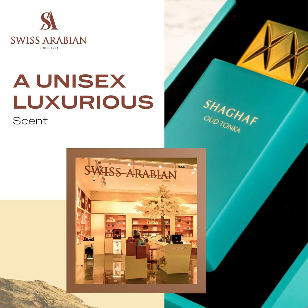 Swiss Arabian Shaghaf Oud Tonka perfume by Hub Wavy, unisex fragrance bottle with elegant design, 75ml size, on a neutral background.
