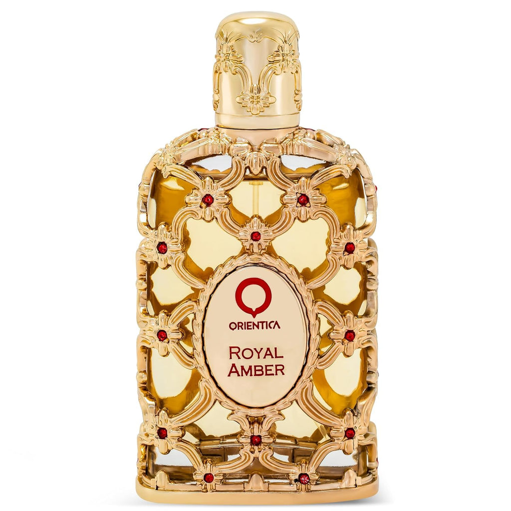 Orientica Royal Amber unisex perfume bottle by Hub Wavy, showcasing elegant amber-colored glass and sleek design.
