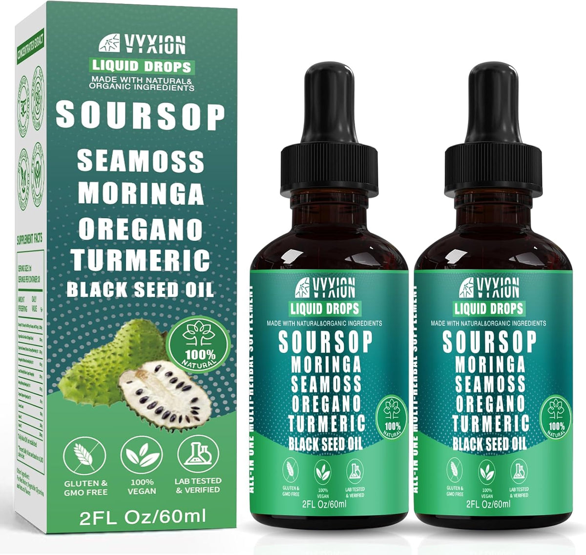 Vyxion Soursop Bitters Liquid Drops 10 in 1 with Sea Moss, Moringa, Turmeric, Black Seed Oil, Oregano, Ashwagandha | Herbal Extracts for Overall Health-Enhancing | Vegan, Non-GMO | 2 Fl Oz