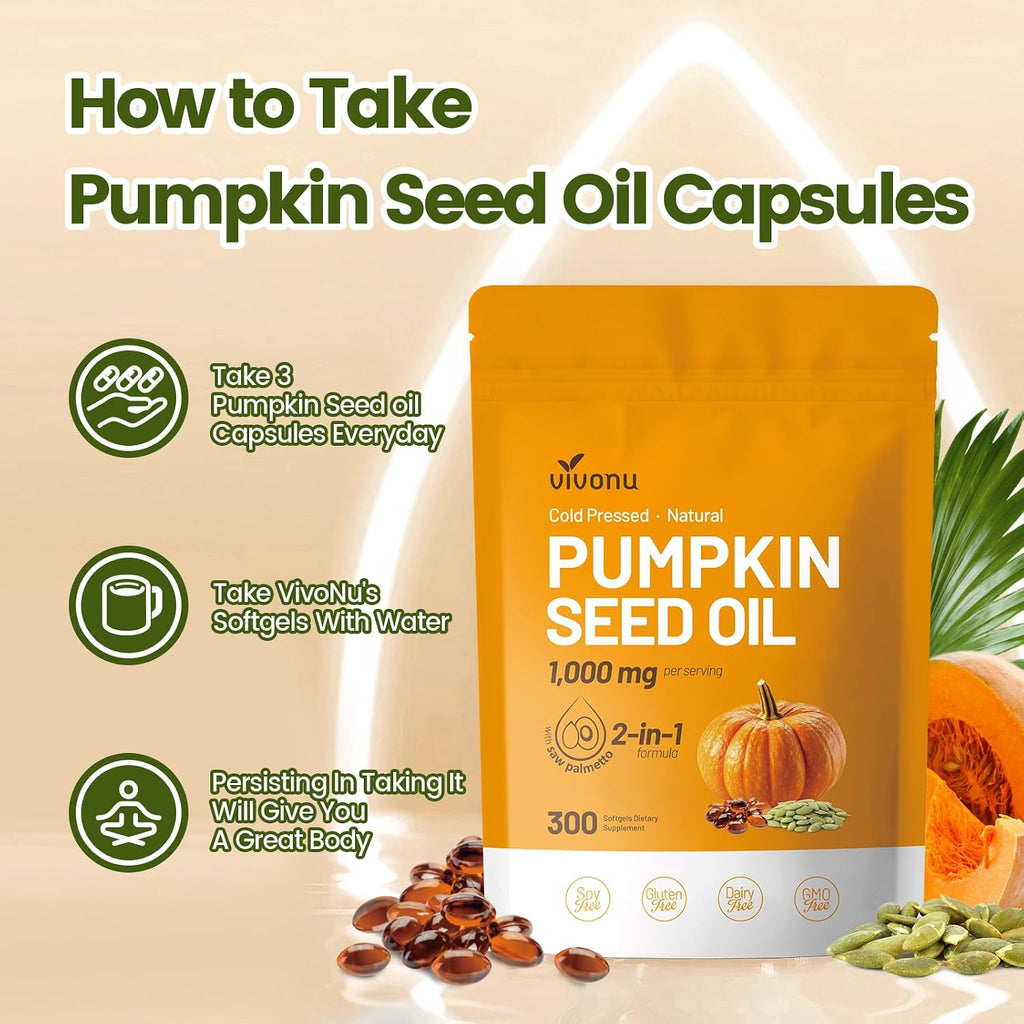VivoNu Pumpkin Seed Oil with Saw Palmetto Capsules,300 Softgels,Non-GMO