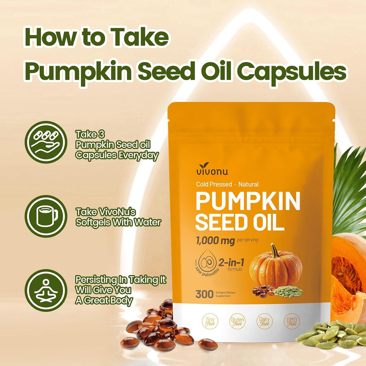 VivoNu Pumpkin Seed Oil with Saw Palmetto Capsules,300 Softgels,Non-GMO