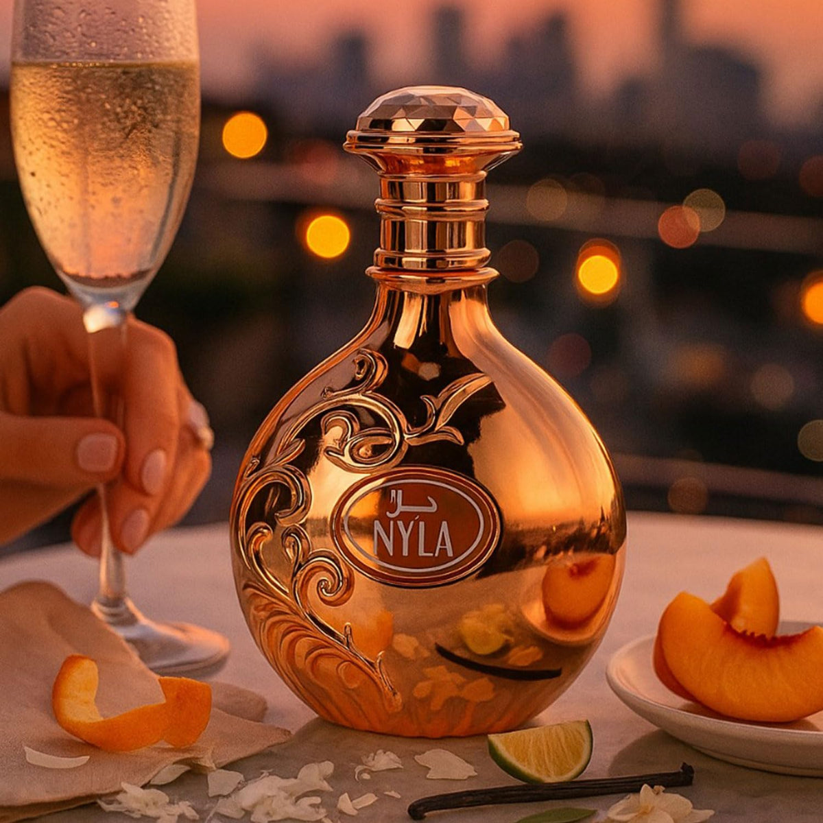 Arabiyat Prestige Nyla unisex perfume by Hub Wavy, 3.4 fl oz, elegant bottle with luxurious scent, displayed on a clean background.