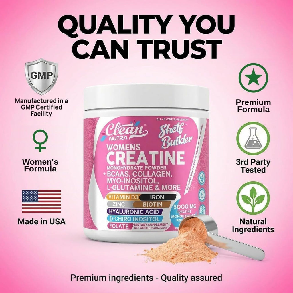 Creatine for Women | Creatine Monohydrate + BCAA Powder Myo-Inositol Collagen Biotin Hyaluronic Acid Folate L Glutamine Vitamin D3 Iron Zinc D-Chiro-Maca Digestion Shelf Builder By Clean Nutra