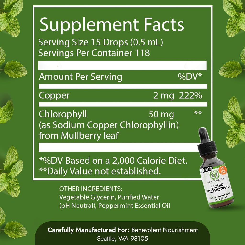 Benevolent Chlorophyll Liquid Drops for Internal Freshness, Peppermint