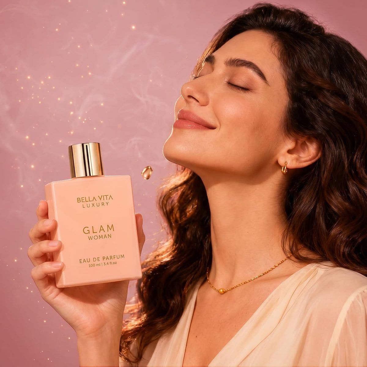 Hub Wavy Bellavita Luxury Glam perfume bottle with white floral, orange, and jasmine scent, 3.4 fl oz for women.