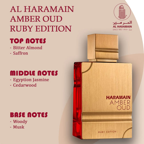 Hub Wavy Al Haramain Amber Oud Ruby Edition perfume bottle, unisex Arabian scent with long-lasting fragrance in a 3.4 fl oz bottle