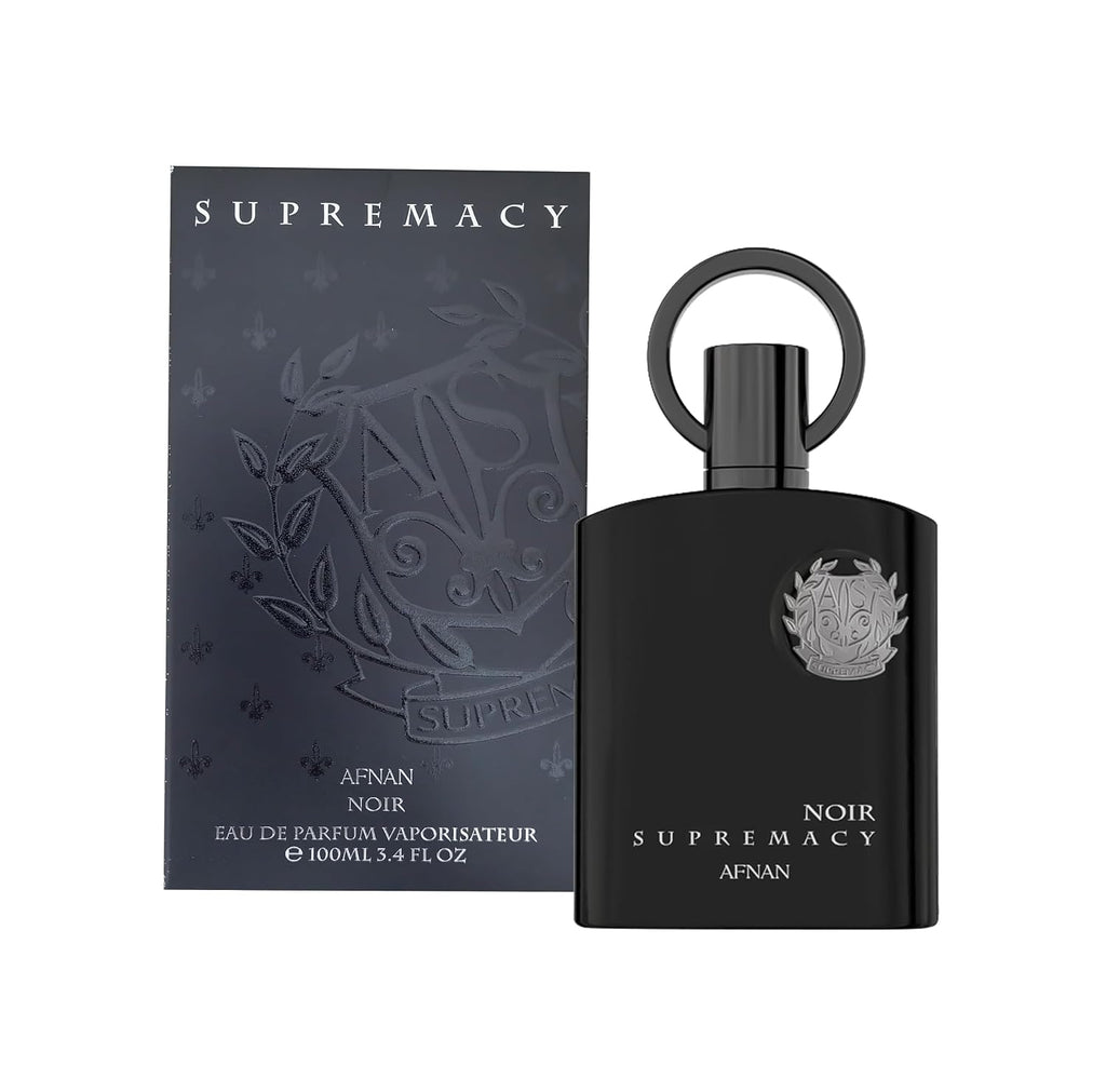 Afnan Supremacy Noir men's luxury perfume bottle by Hub Wavy, featuring sleek black design and 3.4 fl oz size.