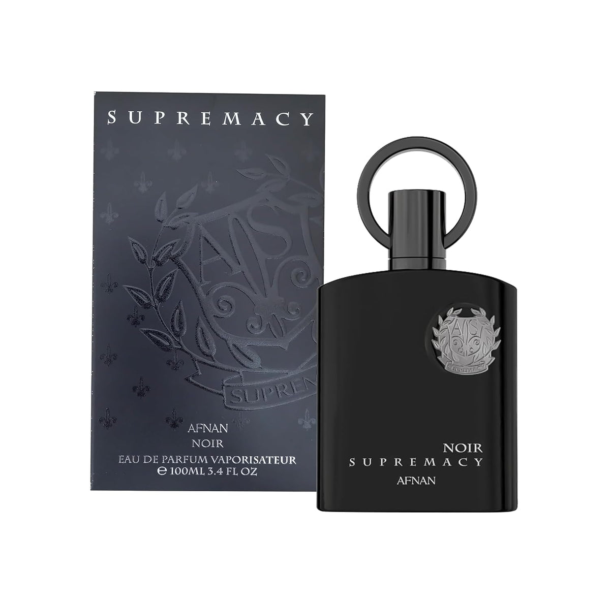 Afnan Supremacy Noir men's luxury perfume bottle by Hub Wavy, featuring sleek black design and 3.4 fl oz size.