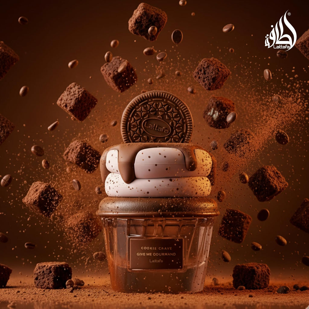 Hub Wavy Lattafa Cookie Crave perfume bottle, 2.6 oz, unisex fragrance with cookie scent, displayed on a plain background.