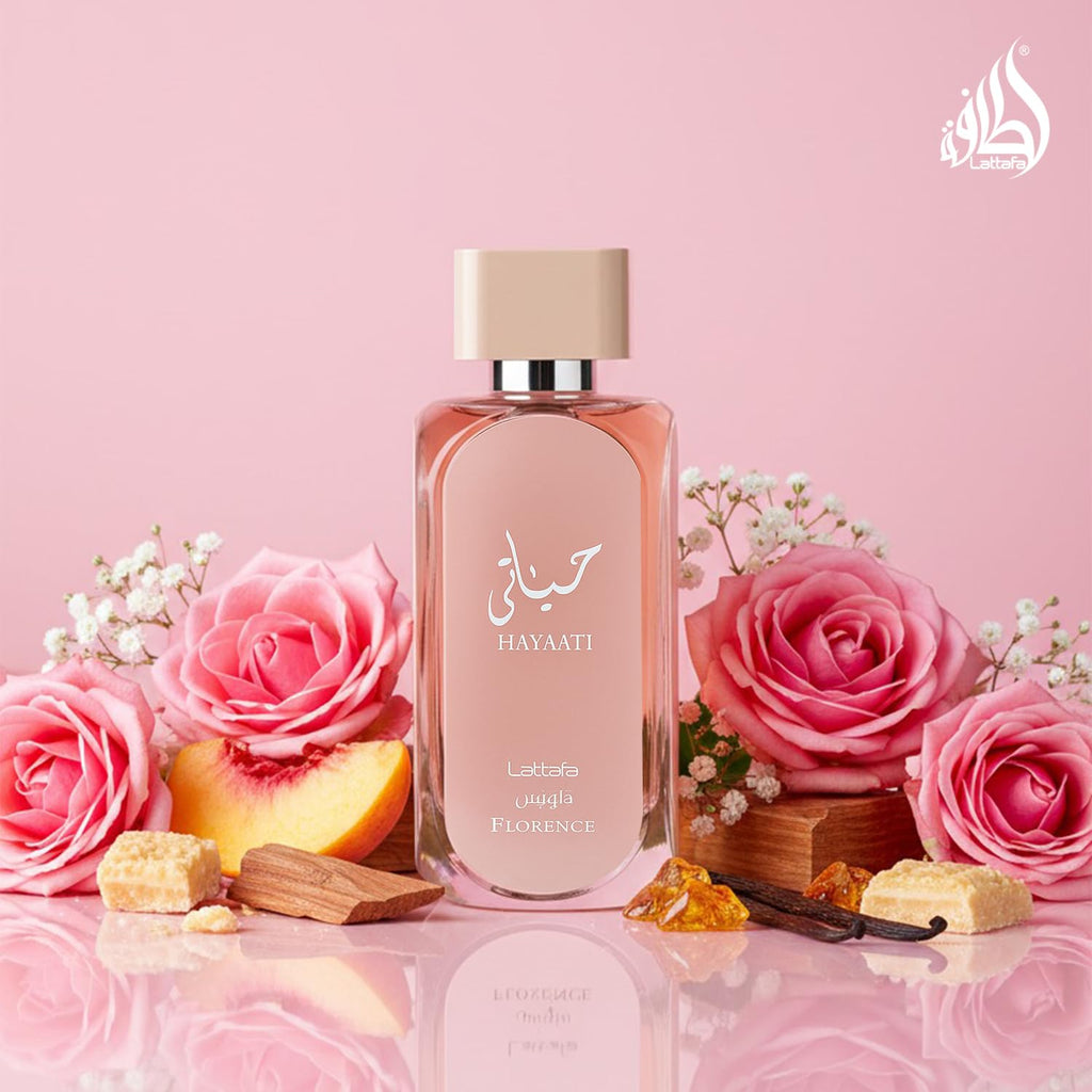 Hub Wavy Lattafa Hayaati Florence perfume bottle, 100ml, luxury women's fragrance with elegant packaging.