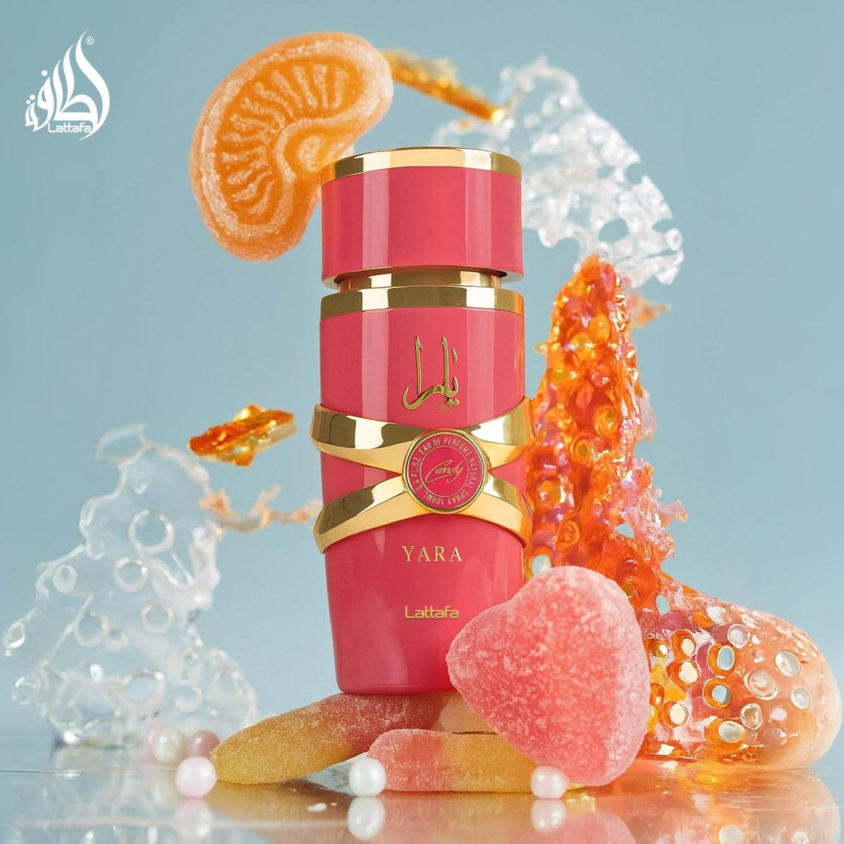 Lattafa Yara Candy perfume for women in a 100ml bottle, by Hub Wavy, shown with elegant floral and fruity fragrance notes.