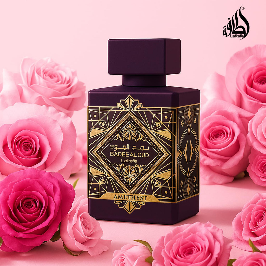 Hub Wavy Lattafa Bade'e Al Oud Amethyst perfume bottle, 3.4 oz, unisex fragrance with elegant packaging and purple accents.