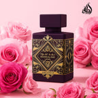 Hub Wavy Lattafa Bade'e Al Oud Amethyst perfume bottle, 3.4 oz, unisex fragrance with elegant packaging and purple accents.