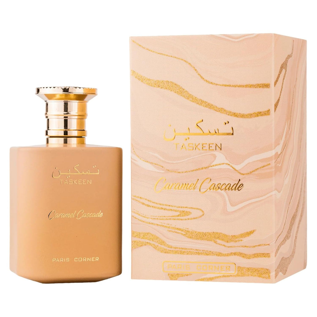 Hub Wavy Paris Corner Taskeen Caramel Cascade perfume bottle for unisex, 3.4 oz, luxury fragrance with caramel notes.