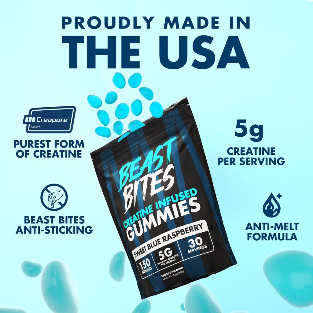 BEAST BITES - Creatine Bites - 5g Creatine Monohydrate Per Serving - No Sugar or Artificial Colors - Low-Calorie, Vegan & Halal - Made in The USA - Blue Raspberry Flavor - 30 Gummies