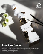 Lattafa Her Confession perfume for women by Hub Wavy, 3.4 oz bottle with elegant floral and fruity fragrance design.
