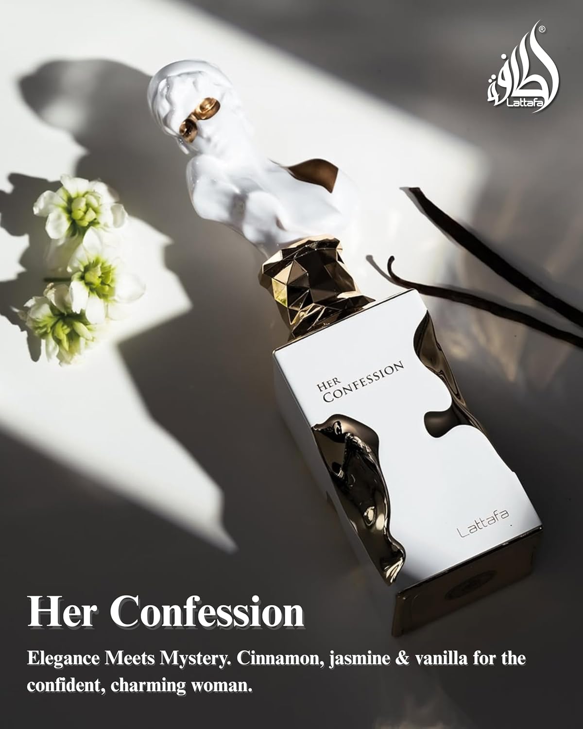 Lattafa Her Confession perfume for women by Hub Wavy, 3.4 oz bottle with elegant floral and fruity fragrance design.