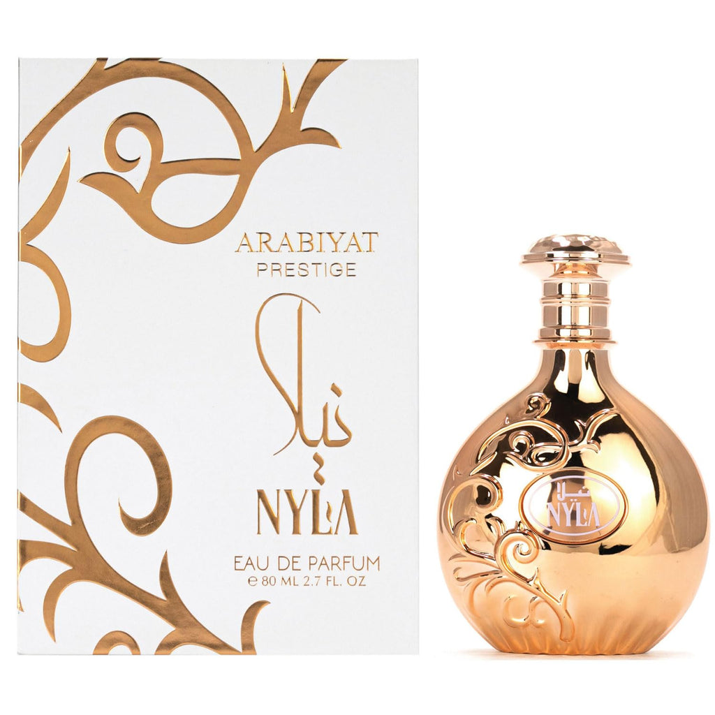 Arabiyat Prestige Nyla unisex perfume by Hub Wavy, 3.4 fl oz, elegant bottle showcasing luxury fragrance.