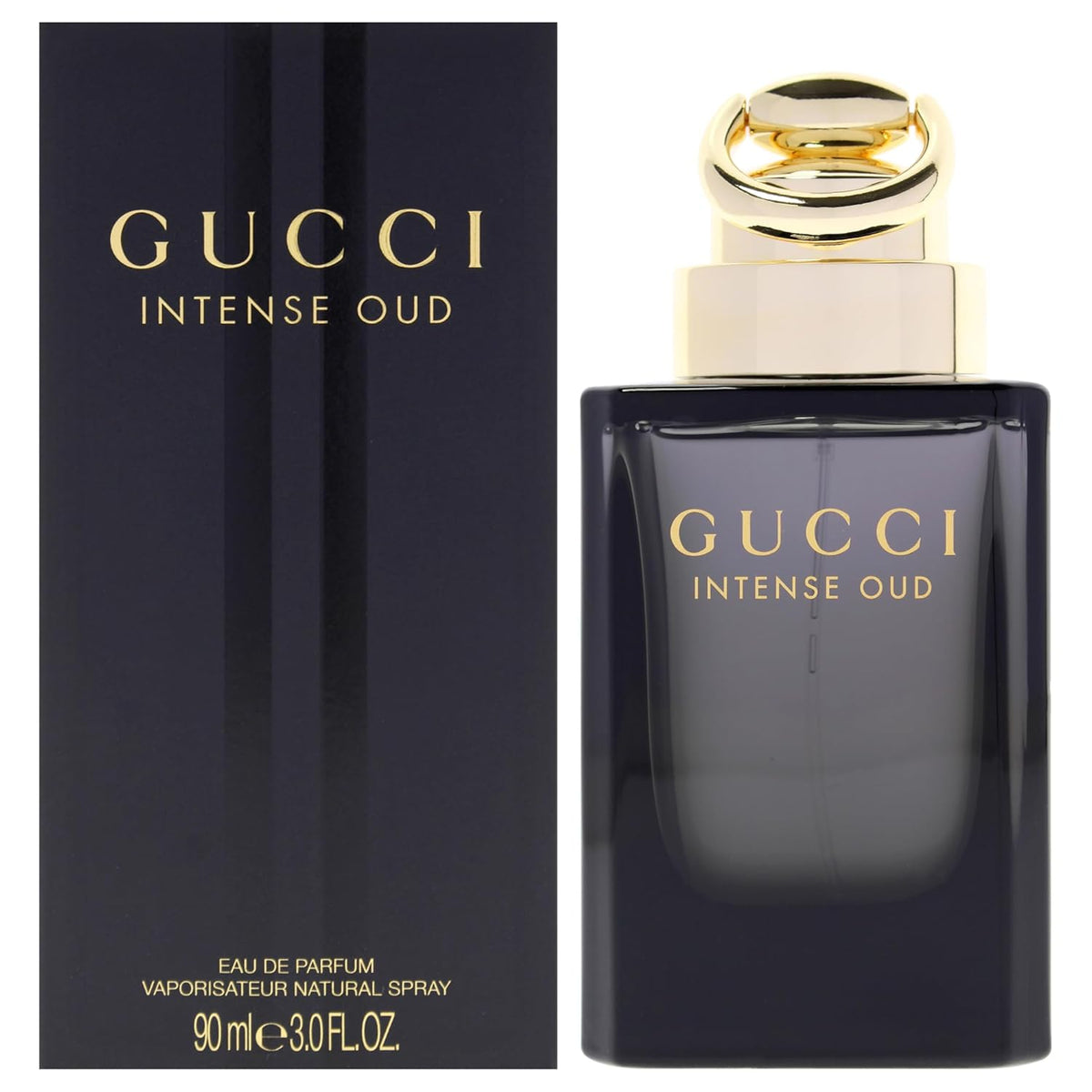 Hub Wavy Gucci Intense Oud unisex perfume bottle, 3 oz / 90 ml, elegant glass container with gold accents.