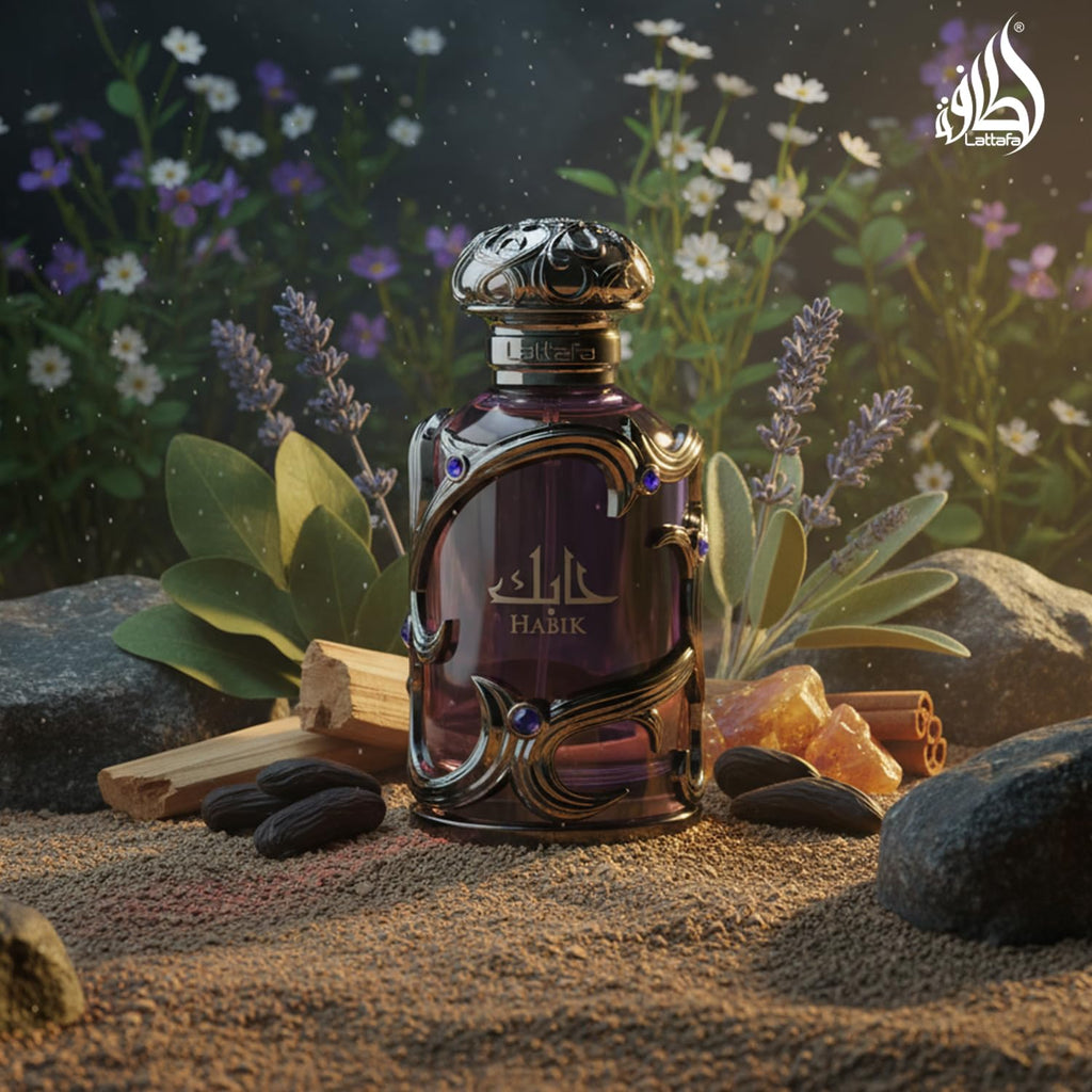 Hub Wavy Lattafa Habik men's perfume bottle, 3.4 oz, with sleek design showcasing luxury men's fragrance.