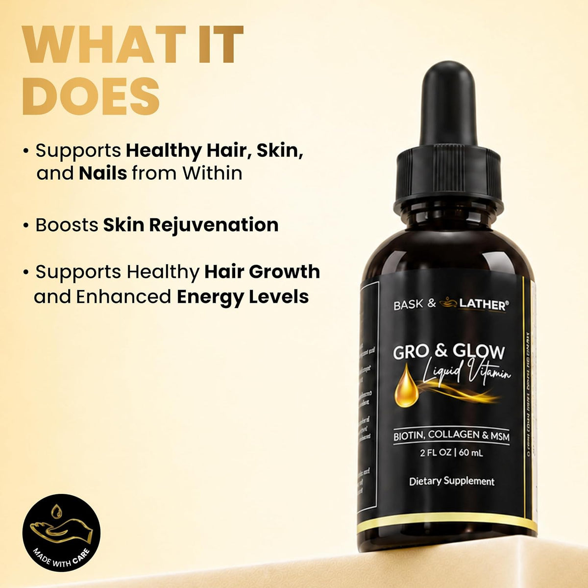 BASK & LATHER Gro & Glow Liquid Vitamin, Liquid Collagen for Women, Natural Ingredients with Collagen, Biotin, Msm, Beauty Supplement, Helps Support Healthy Hair, Skin & Nails, Cherry Flavor, 2 FL Oz