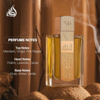 Hub Wavy Lattafa Angham luxury unisex perfume bottle, 100ml, with elegant design and gold accents on a reflective surface.