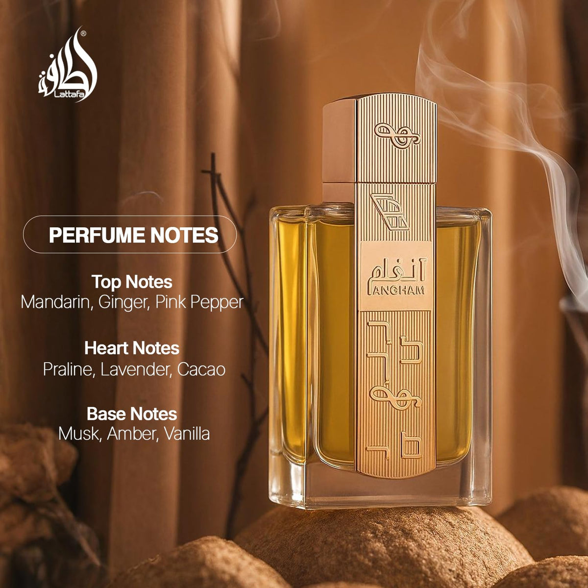 Hub Wavy Lattafa Angham luxury unisex perfume bottle, 100ml, with elegant design and gold accents on a reflective surface.